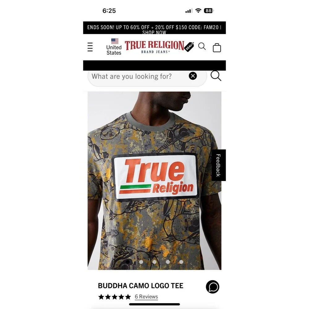 New Men’s True Religion Buddha Hunting Camo camouflage Logo Tee Size Medium $50